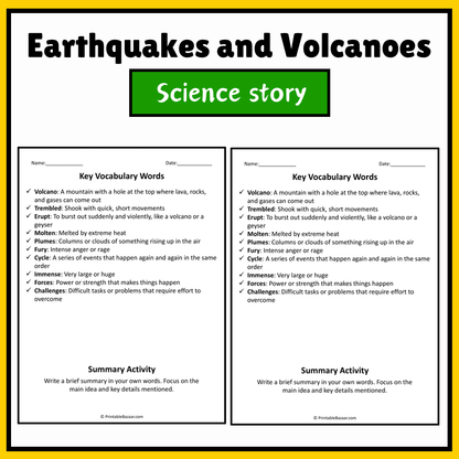 Earthquakes and Volcanoes | Science Story Reading Comprehension Activity