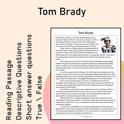 Tom Brady | Reading Comprehension Passage Printable Activity