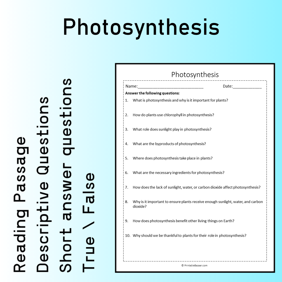 Photosynthesis | Reading Comprehension Passage Printable Worksheet