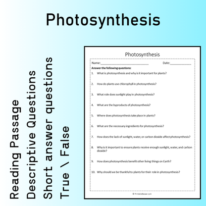 Photosynthesis | Reading Comprehension Passage Printable Worksheet