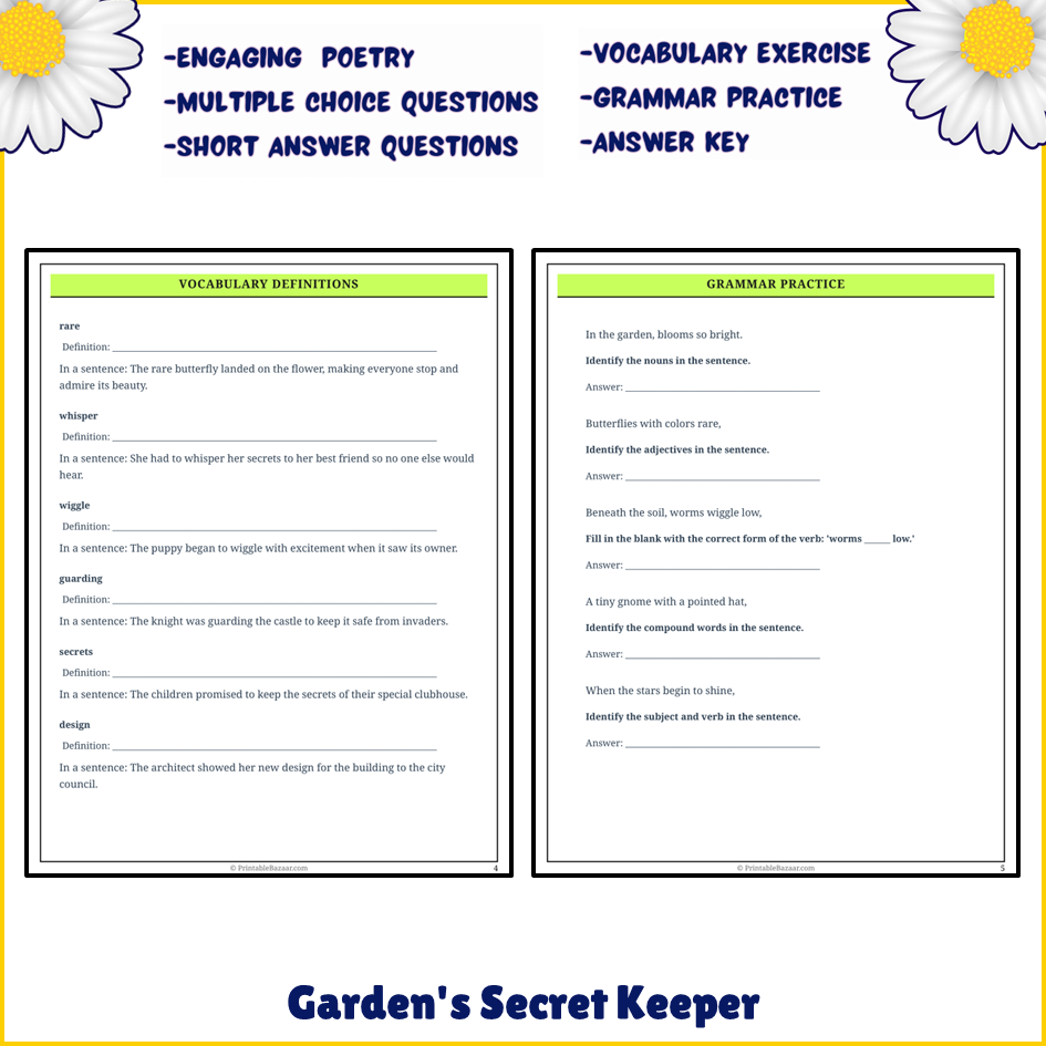 Garden's Secret Keeper | Poem Grammar Worksheet Printable Activity