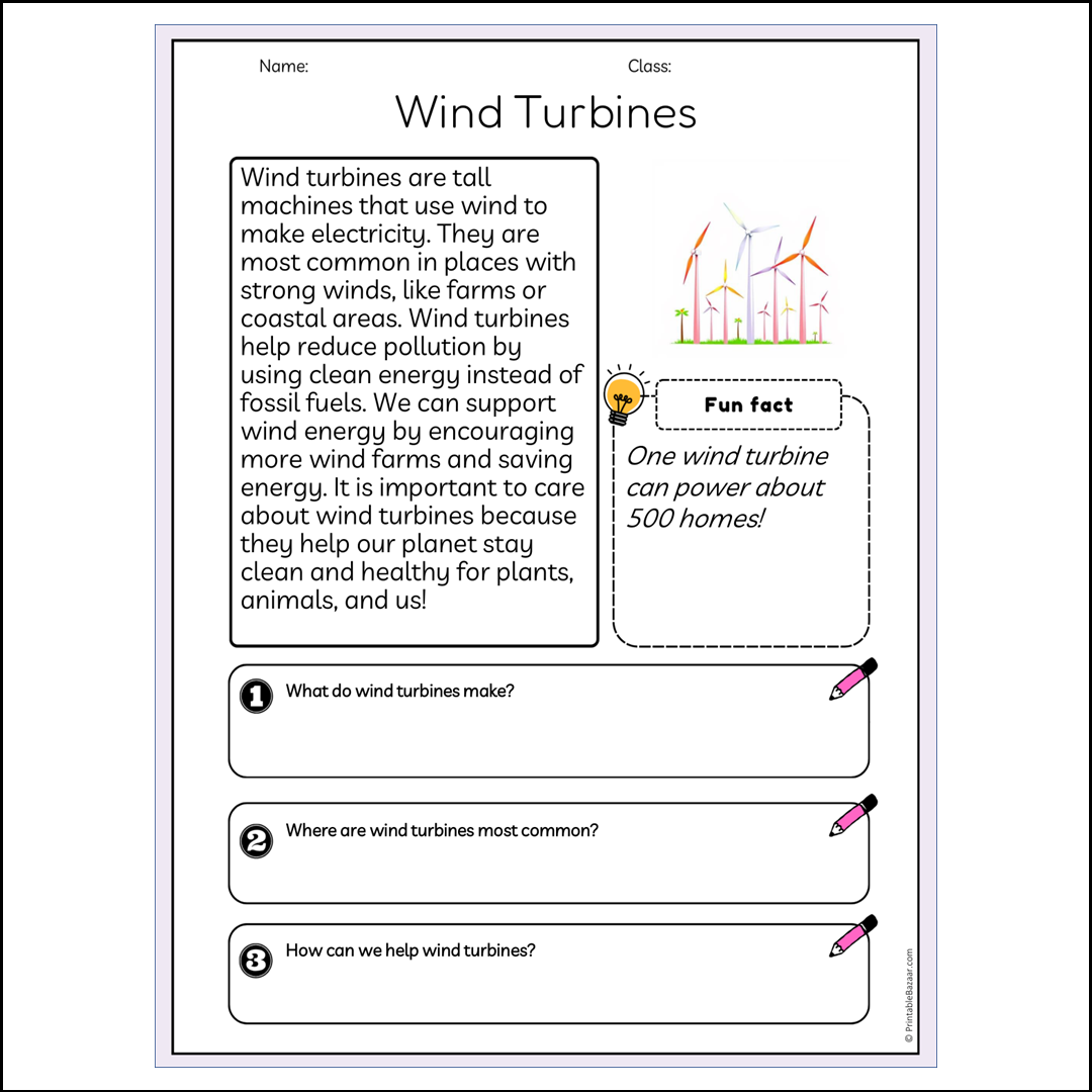 Wind Turbines | Reading Passage Comprehension Questions Writing Facts Worksheet