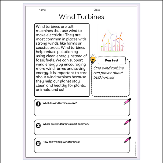 Wind Turbines | Reading Passage Comprehension Questions Writing Facts Worksheet