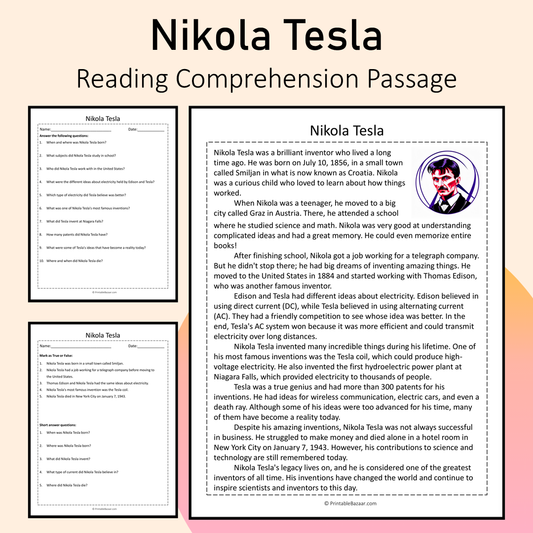 Nikola Tesla | Reading Comprehension Passage Printable Activity