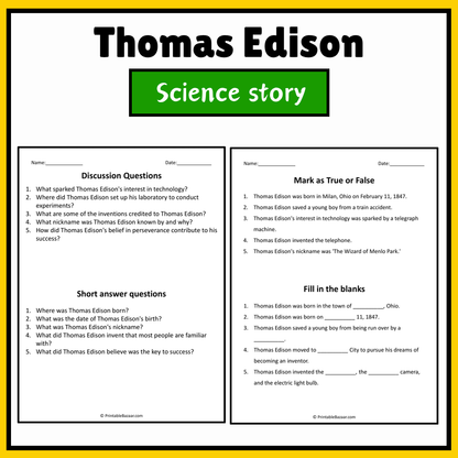 Thomas Edison | Science Story Reading Comprehension Activity