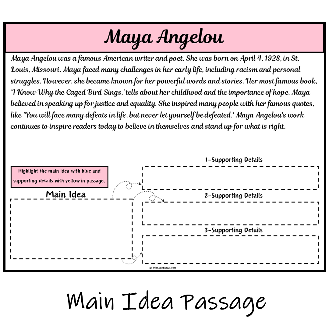 Maya Angelou | Main Idea and Supporting Details Reading Passage and Questions