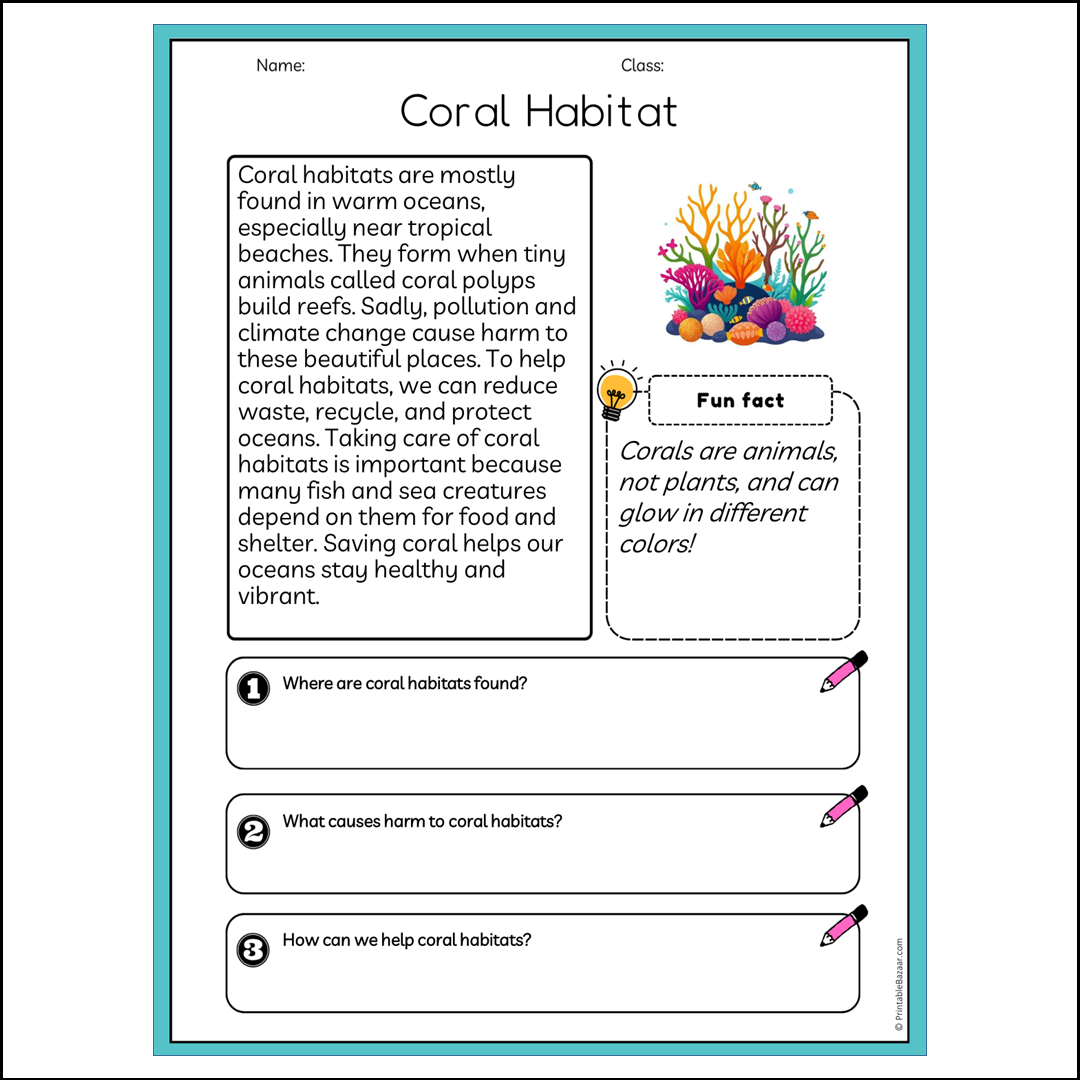 Coral Habitat | Reading Passage Comprehension Questions Writing Facts Worksheet