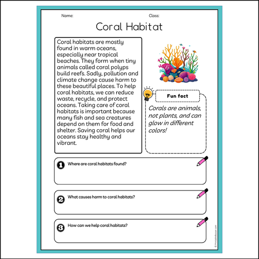 Coral Habitat | Reading Passage Comprehension Questions Writing Facts Worksheet