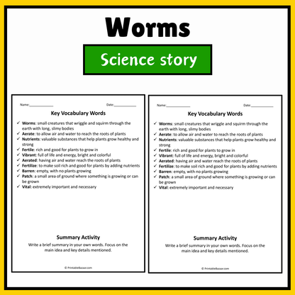 Worms | Science Story Reading Comprehension Activity