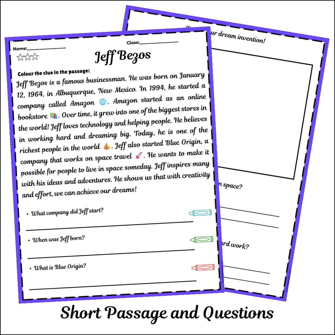 Jeff Bezos | Short Reading Comprehension Creative Worksheet