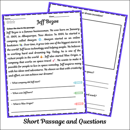 Jeff Bezos | Short Reading Comprehension Creative Worksheet