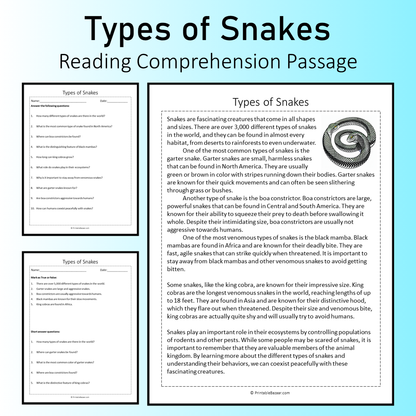 Types of Snakes | Reading Comprehension Passage Printable Worksheet