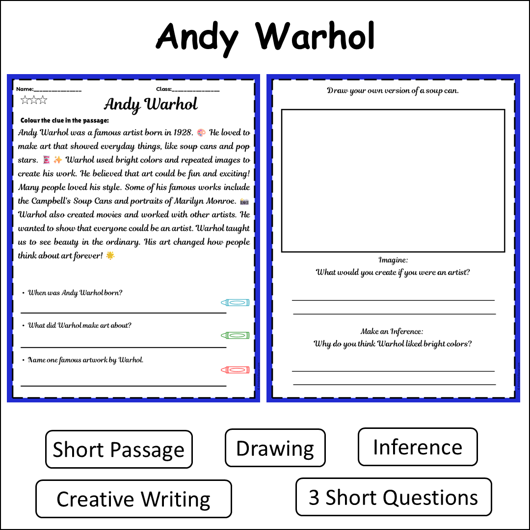 Andy Warhol | Short Reading Comprehension Creative Worksheet