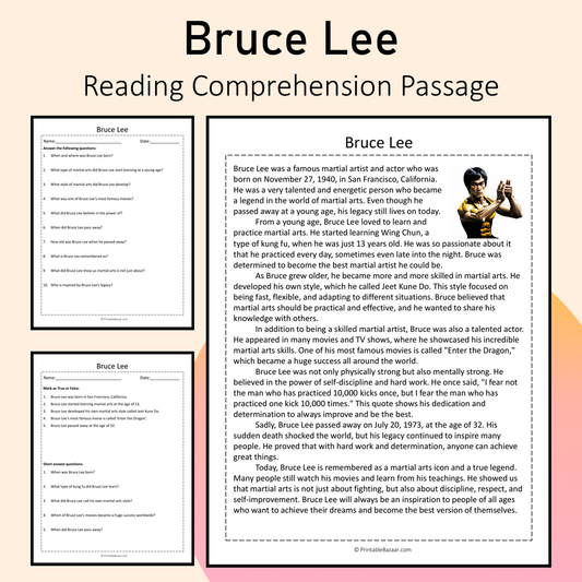 Bruce Lee | Reading Comprehension Passage Printable Activity