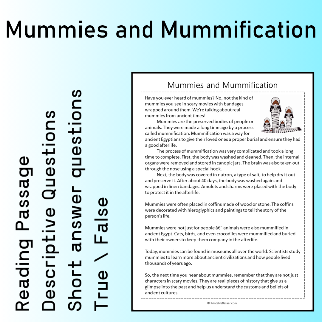 Mummies and Mummification | Reading Comprehension Passage Printable Worksheet