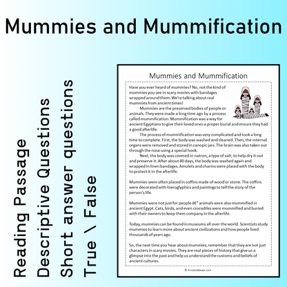 Mummies and Mummification | Reading Comprehension Passage Printable Worksheet