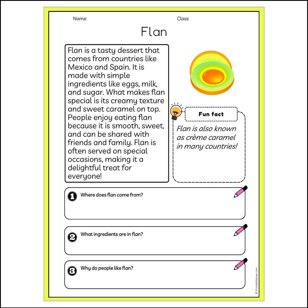 Flan | Reading Passage Comprehension Questions Writing Facts Worksheet