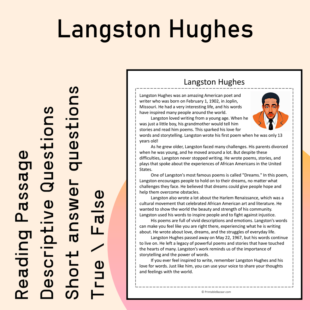 Langston Hughes | Reading Comprehension Passage Printable Activity