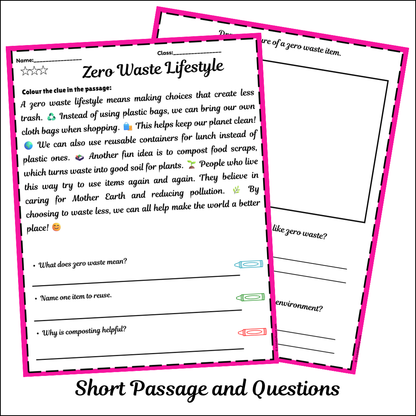 Zero Waste Lifestyle | Short Reading Comprehension Creative Worksheet