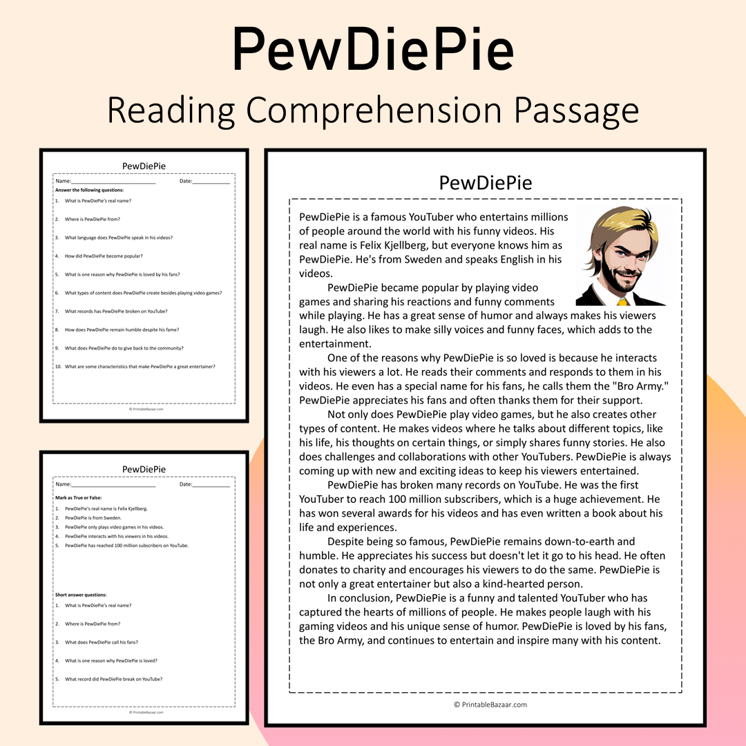 PewDiePie | Reading Comprehension Passage Printable Activity