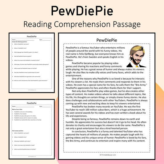 PewDiePie | Reading Comprehension Passage Printable Activity