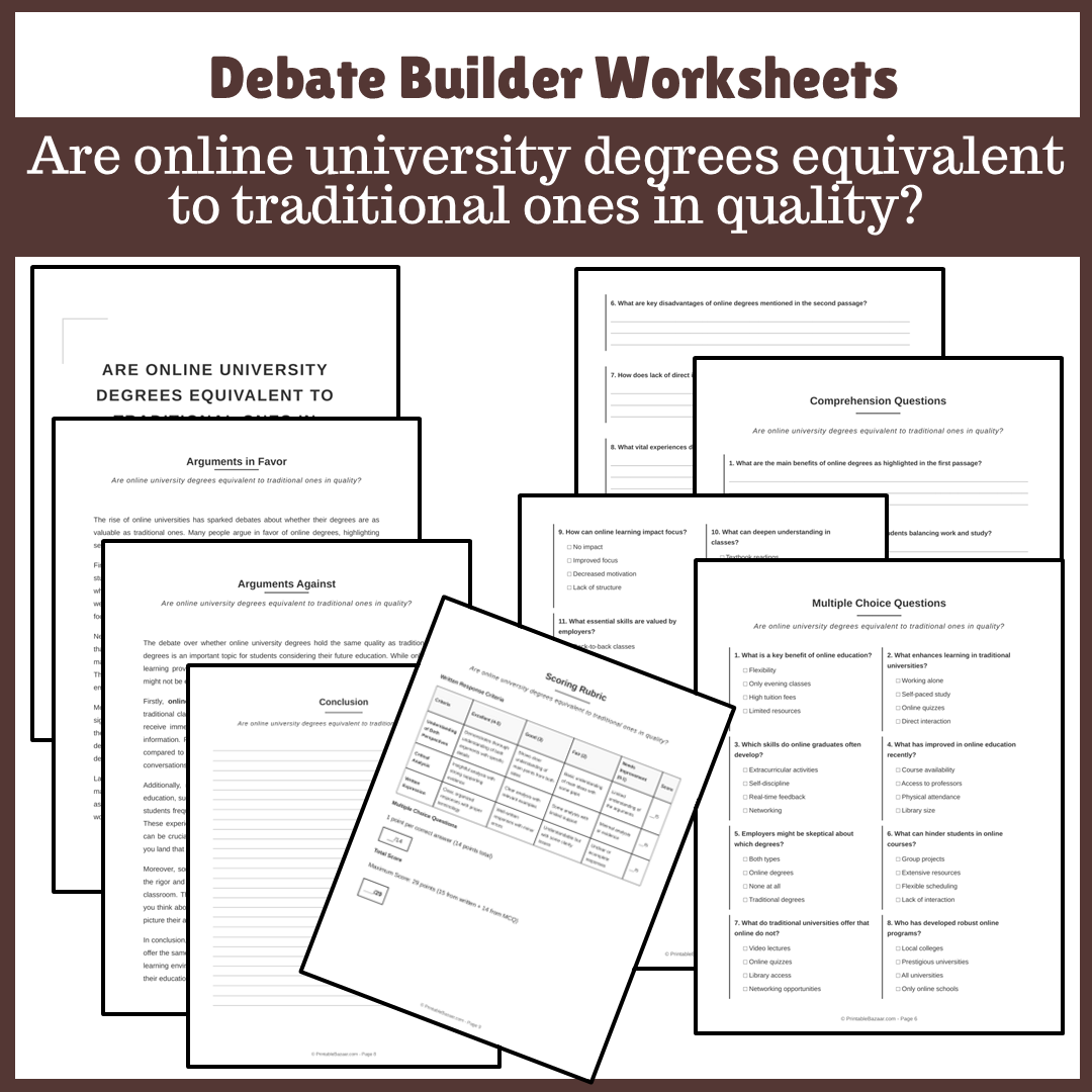 Are online university degrees equivalent to traditional ones in quality? | Favour and Against Worksheet Printable Activity