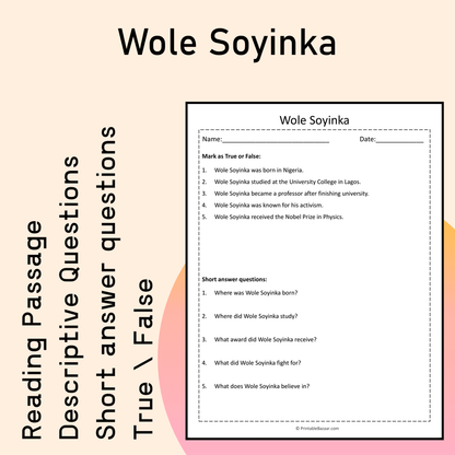 Wole Soyinka | Reading Comprehension Passage Printable Activity