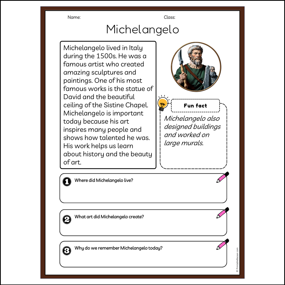 Michelangelo | Reading Passage Comprehension Questions Writing Facts Worksheet