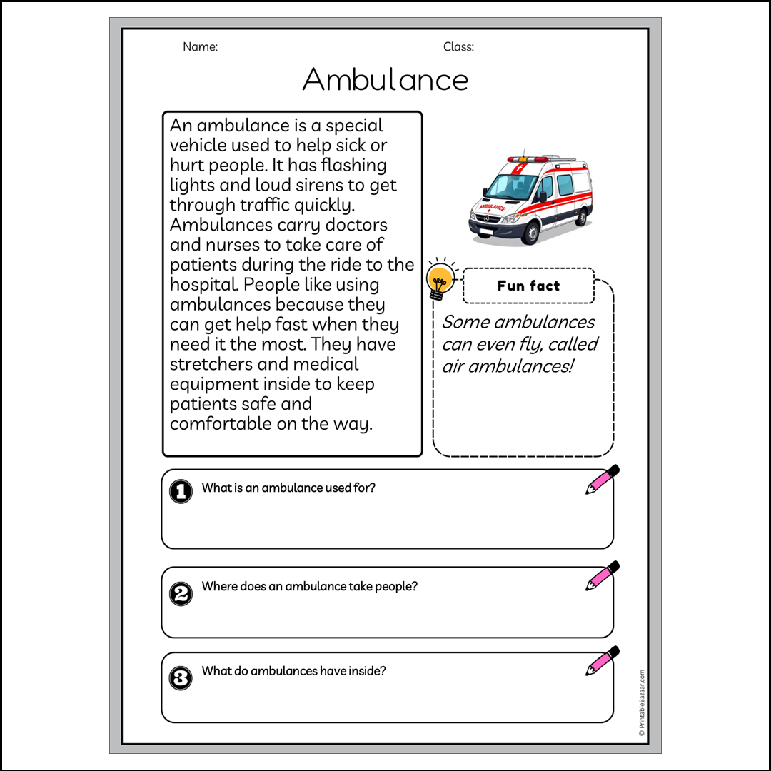 Ambulance | Reading Passage Comprehension Questions Writing Facts Worksheet