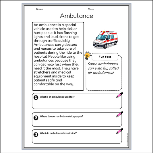 Ambulance | Reading Passage Comprehension Questions Writing Facts Worksheet