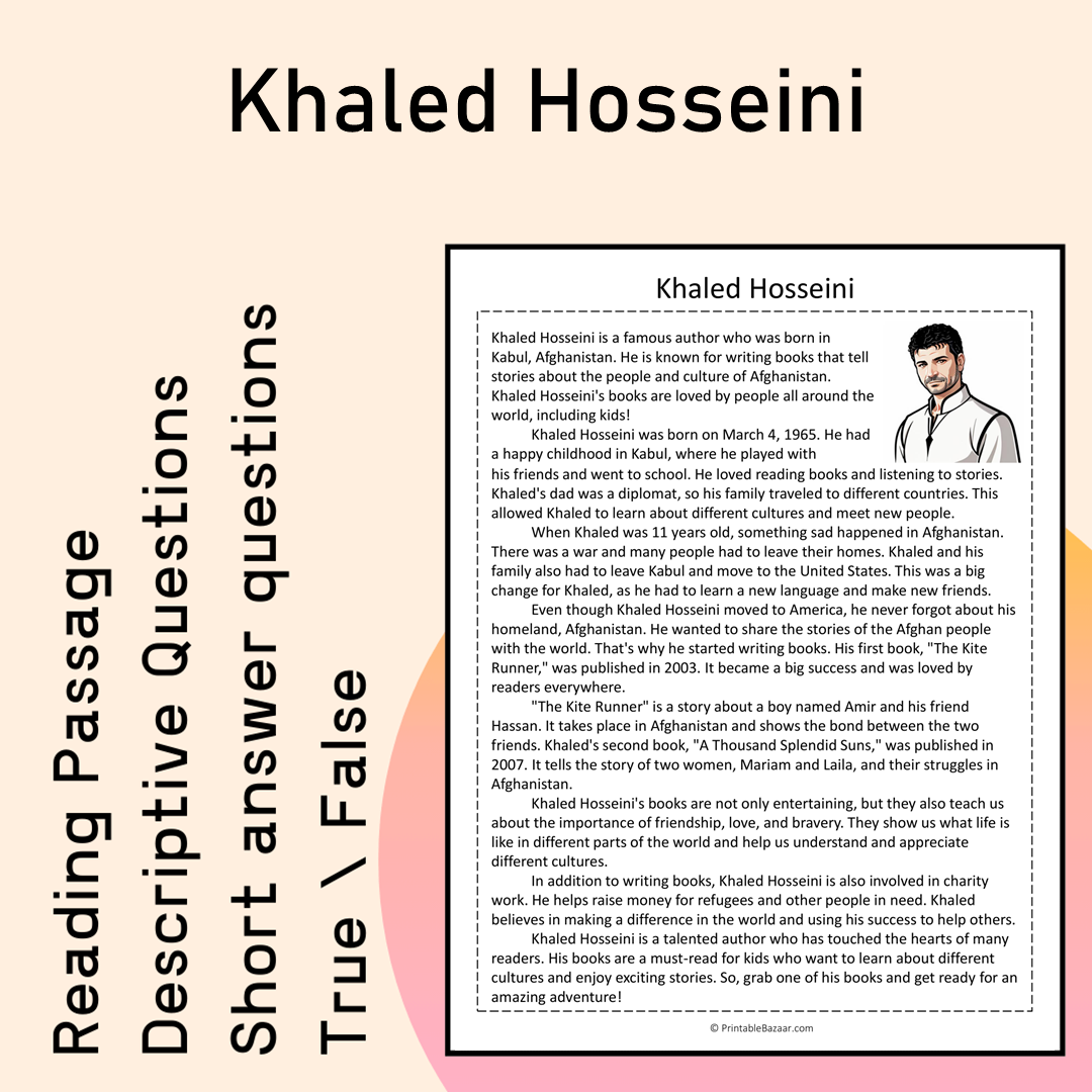 Khaled Hosseini | Reading Comprehension Passage Printable Activity