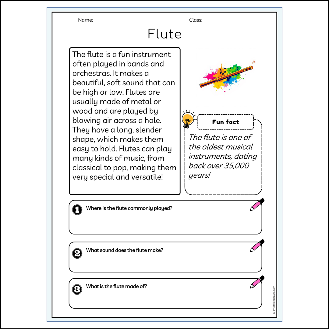 Flute | Reading Passage Comprehension Questions Writing Facts Worksheet