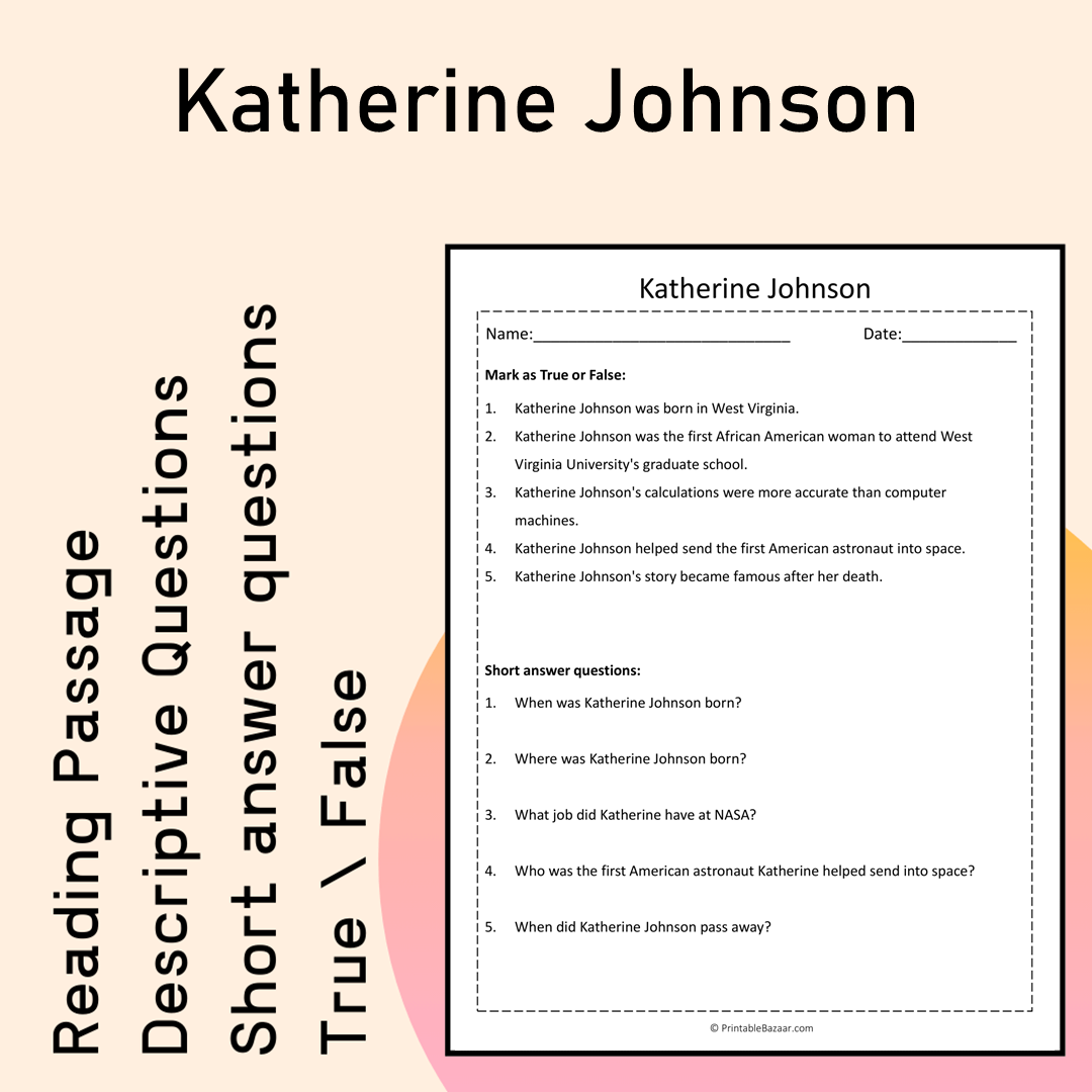 Katherine Johnson | Reading Comprehension Passage Printable Activity