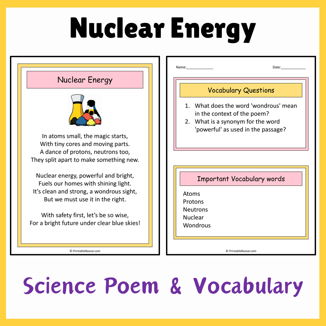 Nuclear Energy | Science Poem Reading Comprehension Activity