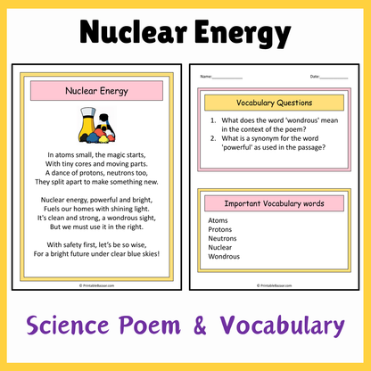 Nuclear Energy | Science Poem Reading Comprehension Activity