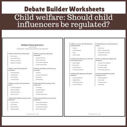 Child welfare: Should child influencers be regulated? | Favour and Against Worksheet Printable Activity