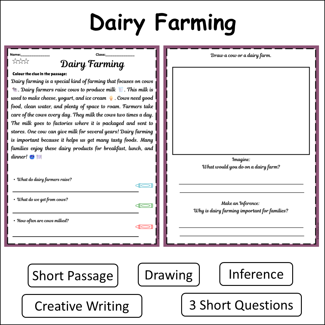 Dairy Farming | Short Reading Comprehension Creative Worksheet