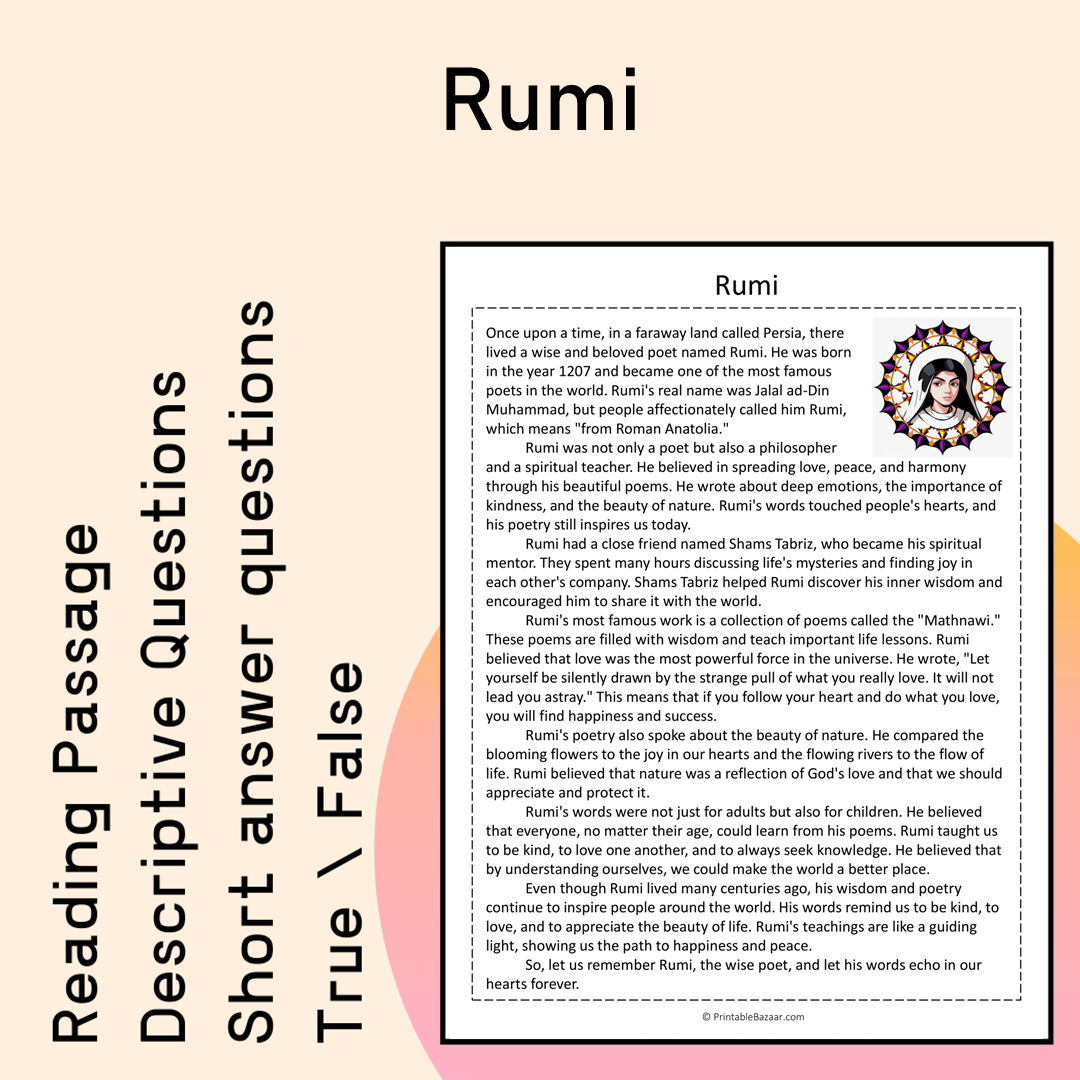 Rumi | Reading Comprehension Passage Printable Activity