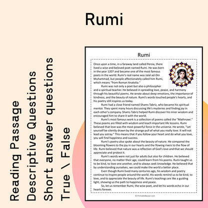 Rumi | Reading Comprehension Passage Printable Activity
