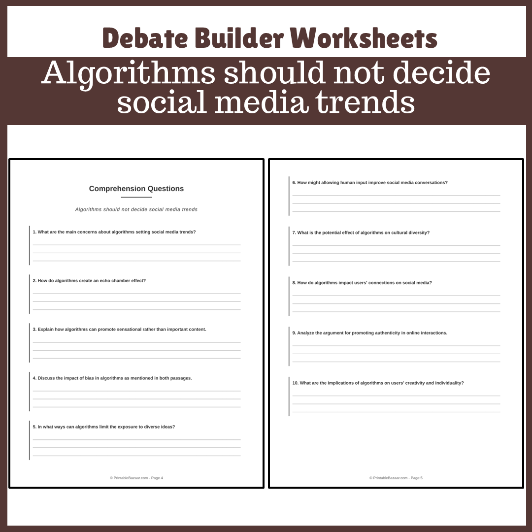 Algorithms should not decide social media trends | Favour and Against Worksheet Printable Activity
