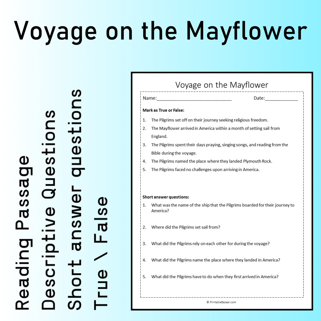 Voyage on the Mayflower | Reading Comprehension Passage Printable Worksheet