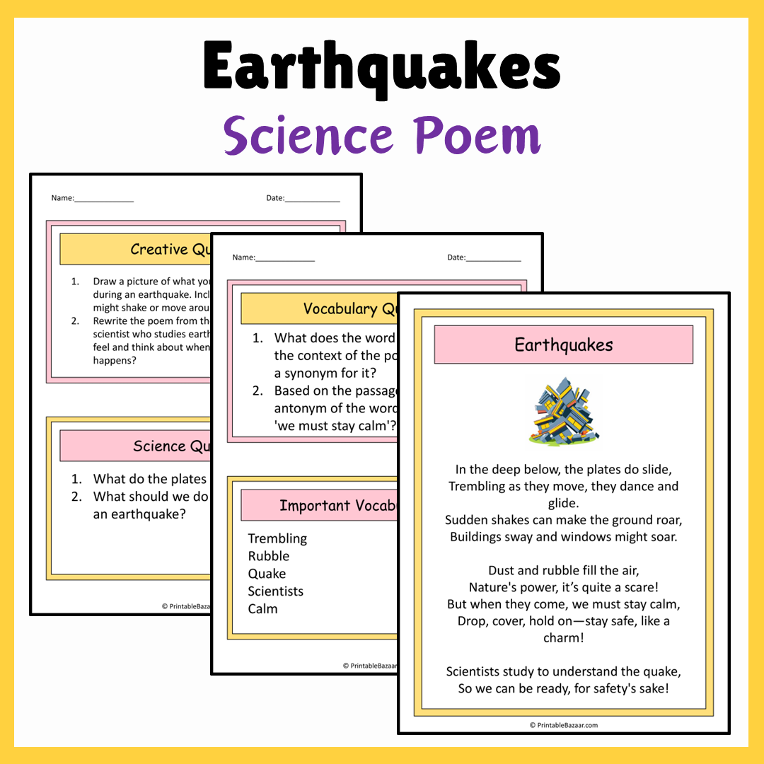 Earthquakes | Science Poem Reading Comprehension Activity