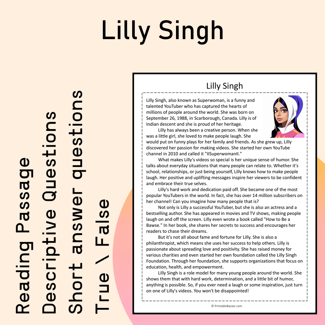 Lilly Singh | Reading Comprehension Passage Printable Activity