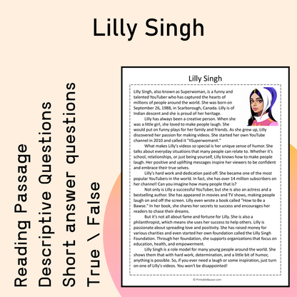 Lilly Singh | Reading Comprehension Passage Printable Activity