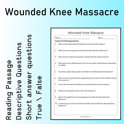 Wounded Knee Massacre | Reading Comprehension Passage Printable Worksheet