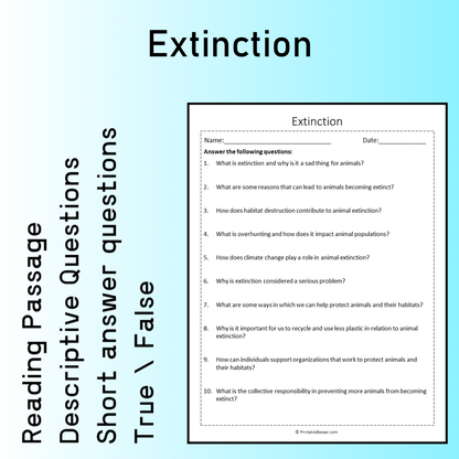 Extinction | Reading Comprehension Passage Printable Worksheet