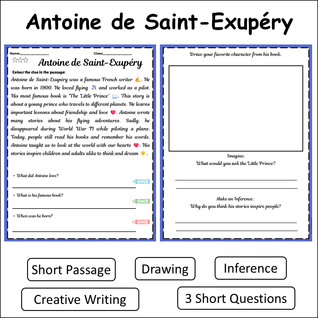 Antoine de Saint-Exupéry | Short Reading Comprehension Creative Worksheet