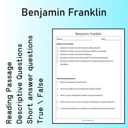 Benjamin Franklin | Reading Comprehension Passage Printable Worksheet