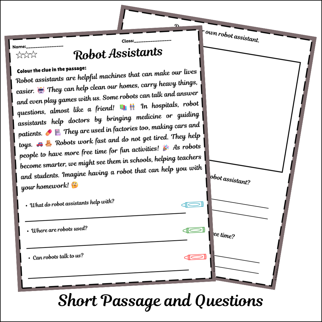 Robot Assistants | Short Reading Comprehension Creative Worksheet