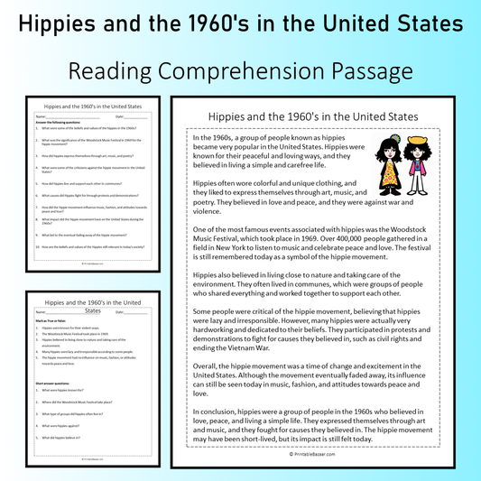 Hippies and the 1960's in the United States | Reading Comprehension Passage Printable Worksheet